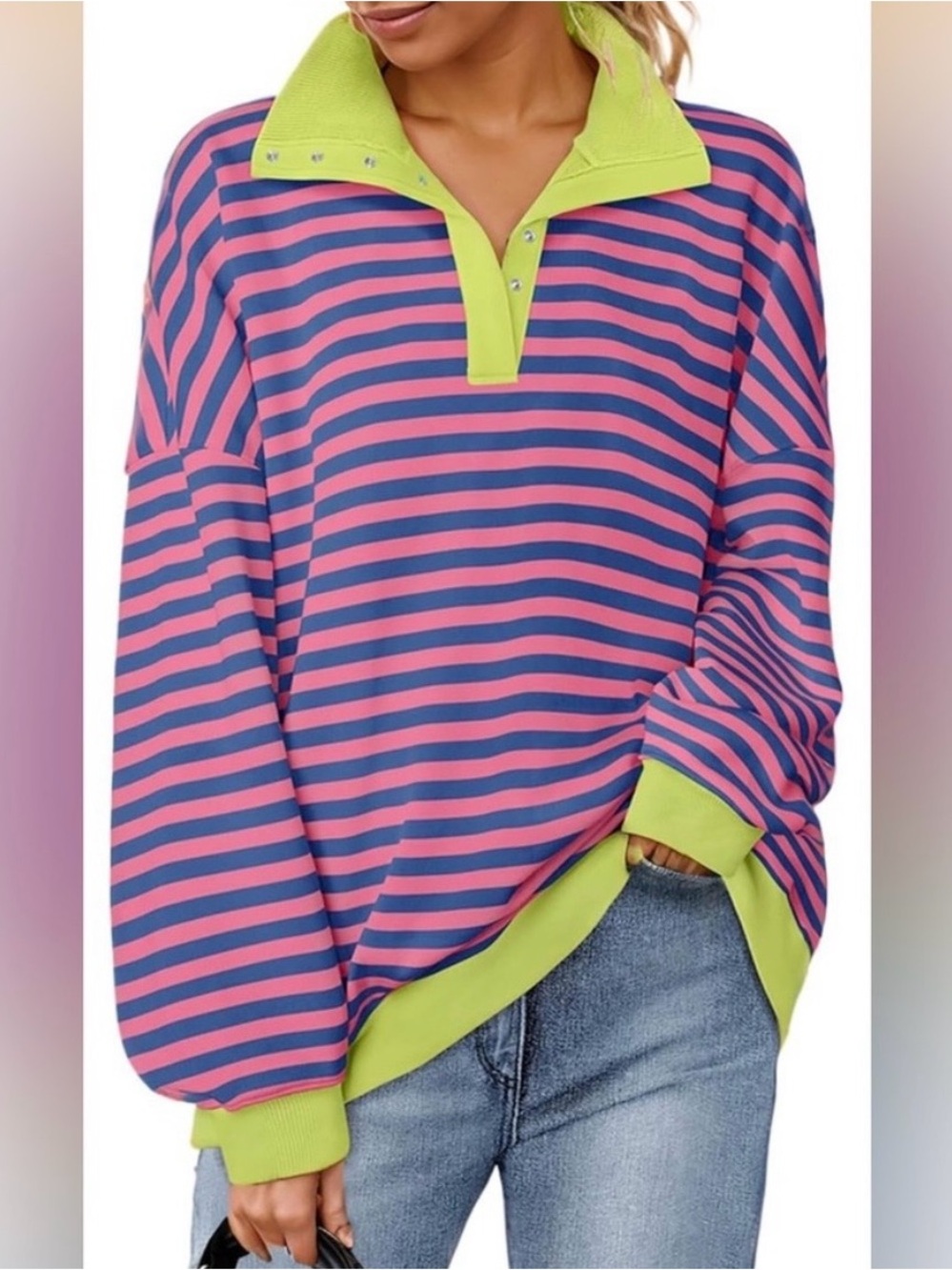 ZESICA Oversized Striped Color Block Sweater Womens Large NWT Lapel Pullover